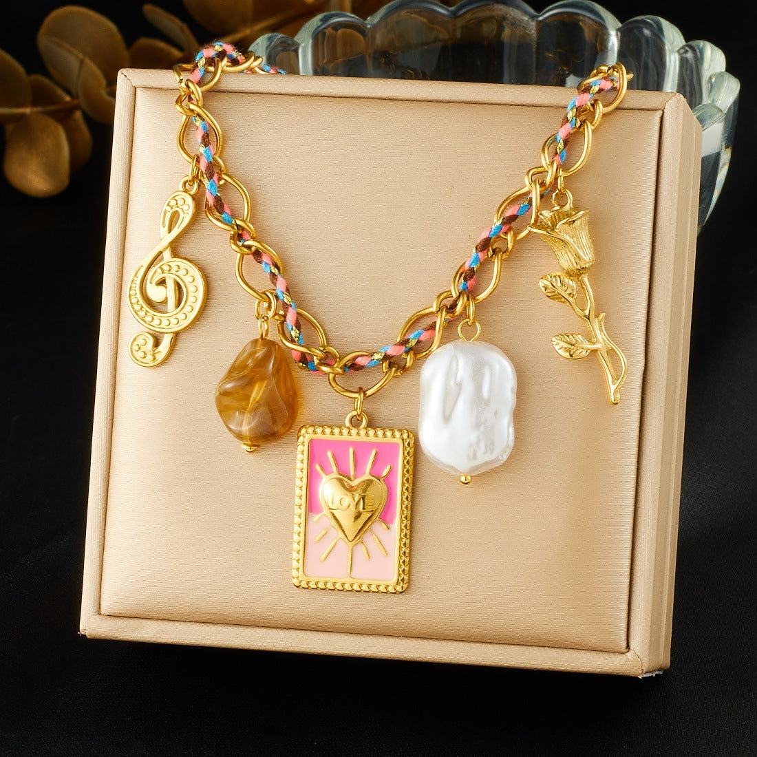 Sweet Streetwear Gold Plated Stainless Steel Heart Square Musical Note Pearl Pendant Necklace