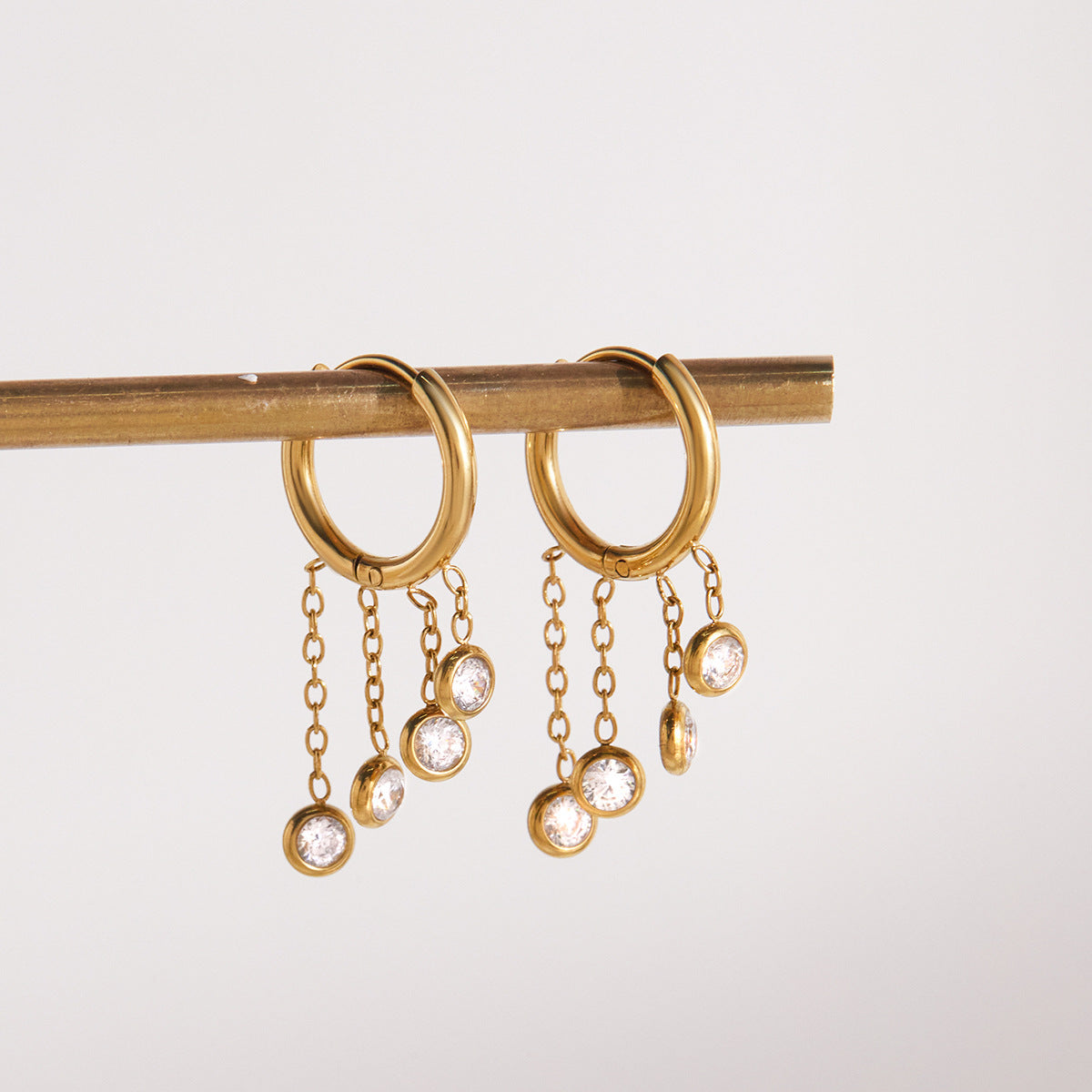 Geometric Stainless Steel Gold Plated Cubic Zirconia Tassel Earrings for Women