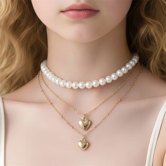 Vintage-Inspired Multi-Layer Children's Necklace with Pearl Coin and Heart Pendant on Box Chain for Girls