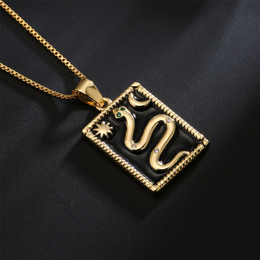 Vintage-Style Snake Totem Pendant Necklace in Copper with 18K Gold Plating, Enamel Finish, and Rhinestone Inlay