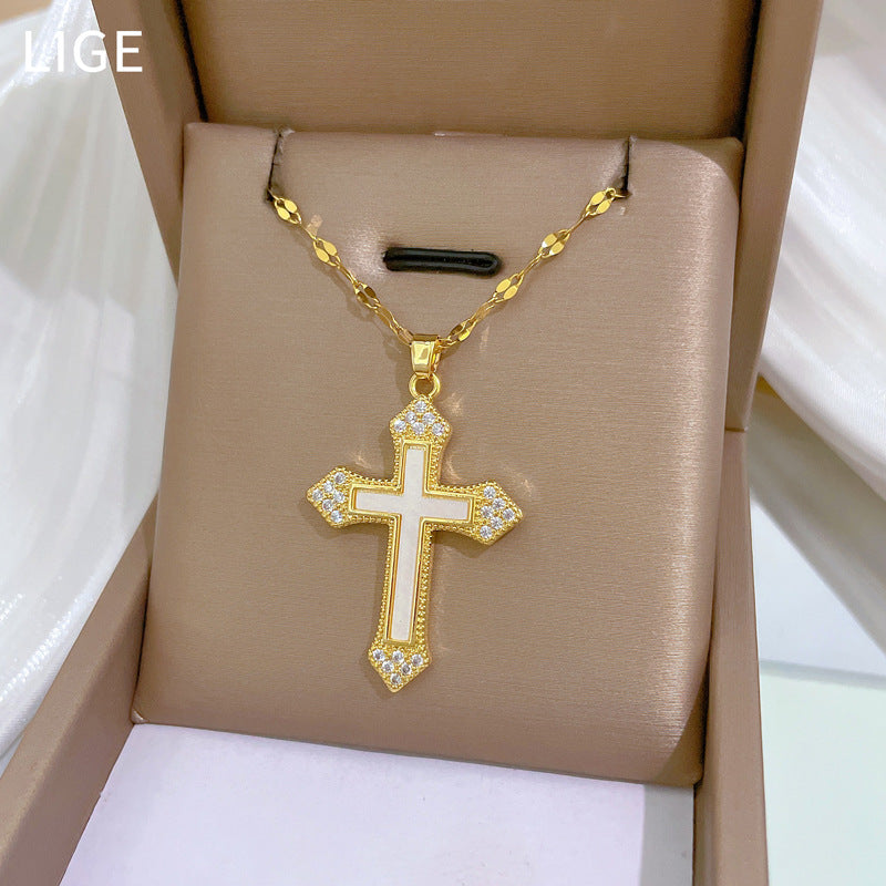 Luxury Titanium Steel Seashell Cross Pendant Necklace for Women with Rhinestone Inlay, Geometric Design, Delicate Clavicle Chain