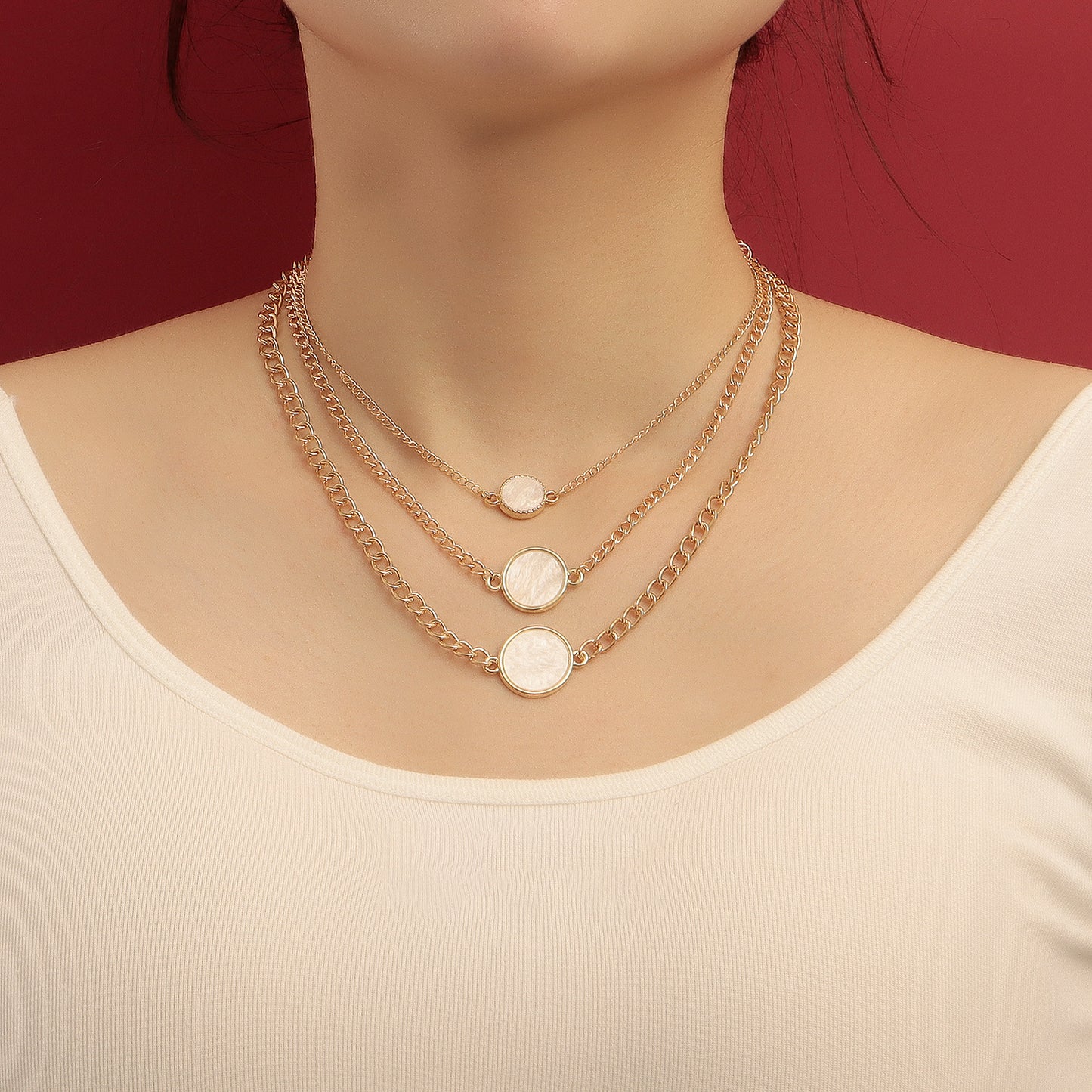 Geometric Style White Mother-of-Pearl Look Pendant Necklace for Women with Zinc Alloy Base and Electroplated Finish