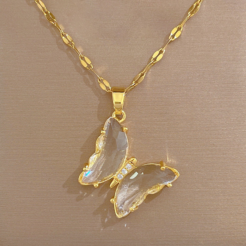 Butterfly Luxury Titanium Steel Clavicle Necklace with Rhinestone Inlay for Women