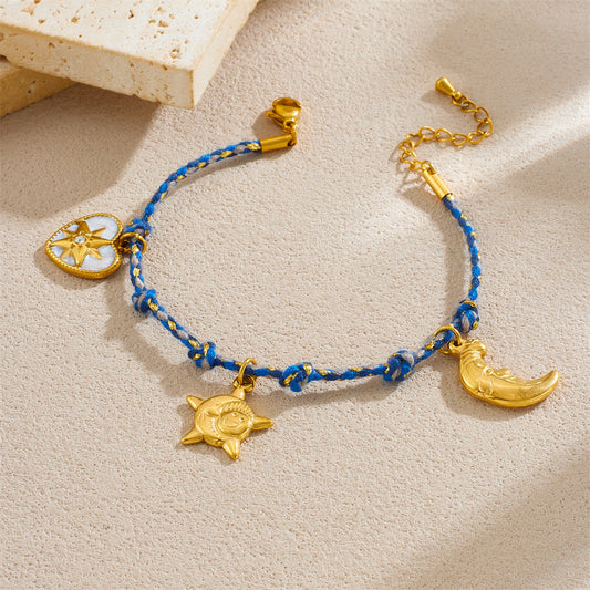 Vintage Bohemian Plated Stainless Steel Heart Star Moon Charm Bracelet for Women