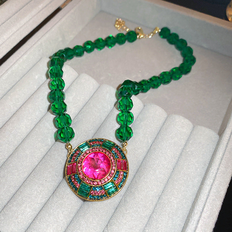 Vintage Floral Pendant Necklace with Rhinestone Inlay in Copper for Women, Delicate Clavicle Chain with Heart Shape Accents