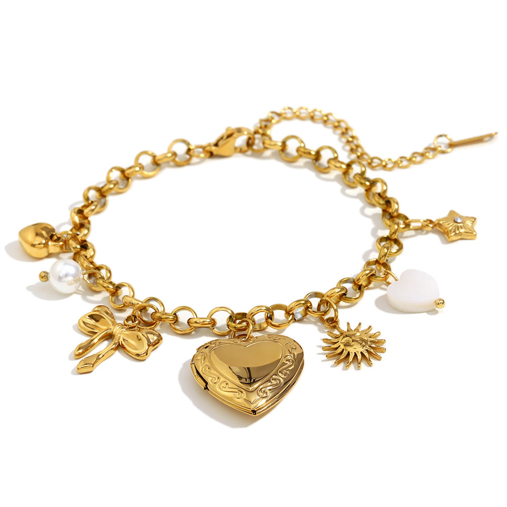 Fashionable Minimalist Heart and Butterfly Pendant Bracelet in Stainless Steel with 18K Gold Plating for Women