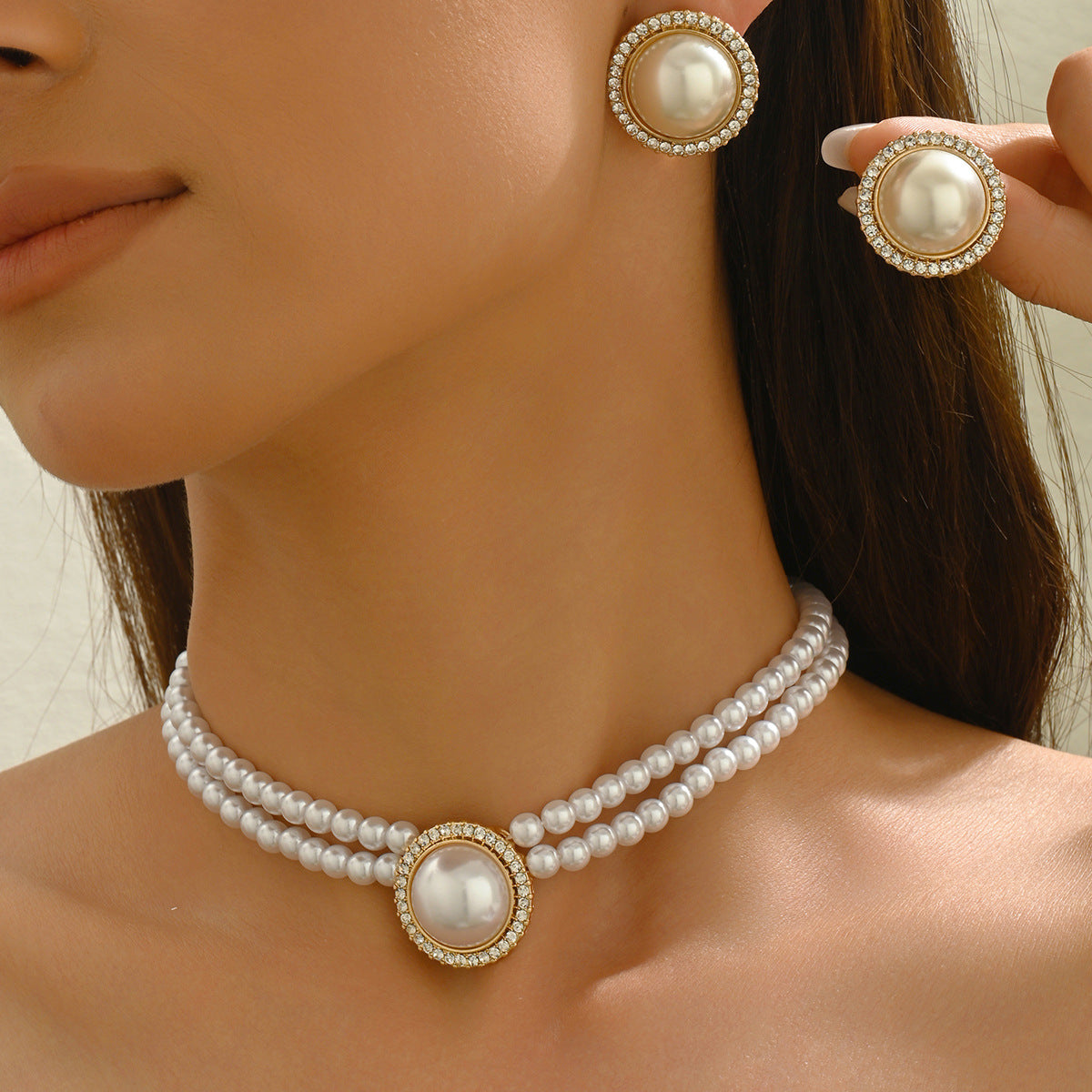 Conjunto de collar con colgante de perlas geométricas con incrustaciones de nácar para mujer, joyería de moda con cadena larga de perlas