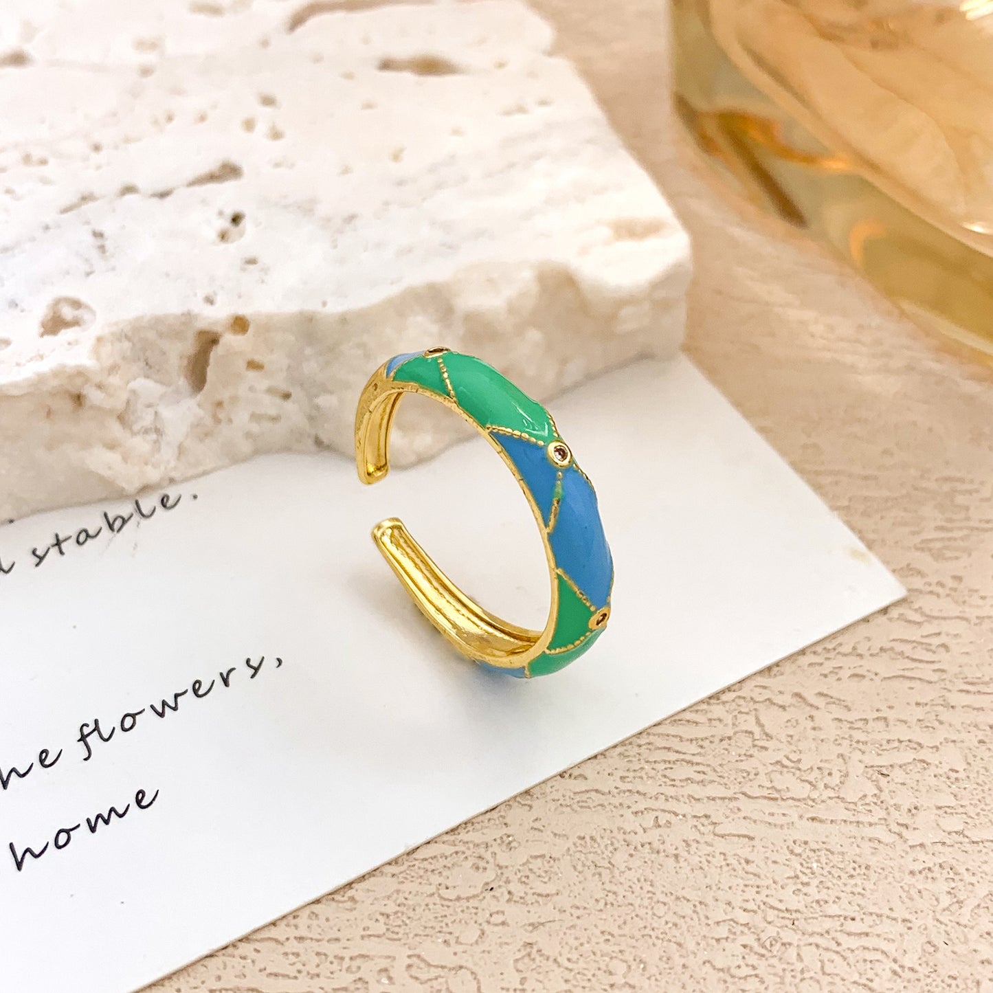 Sweet Geometric Checkered Alloy Drip Oil Plated Adjustable Ring for Women