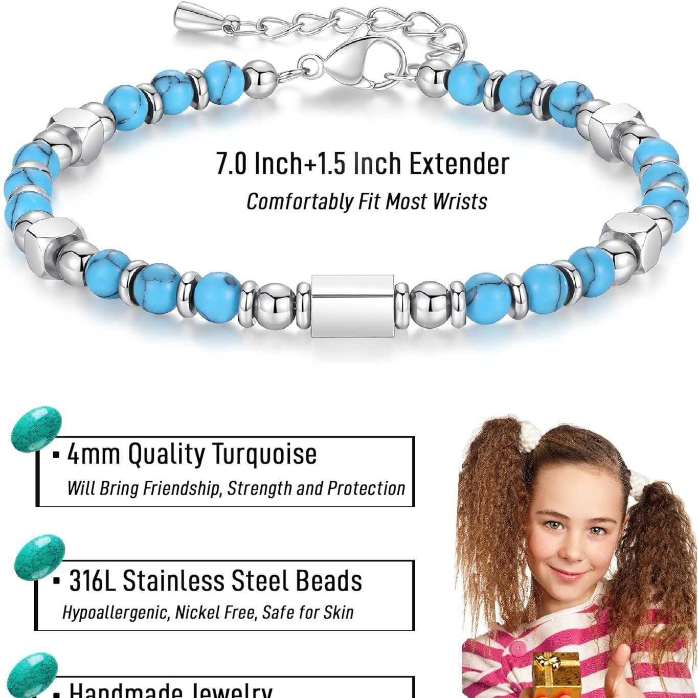 Sweet Round Stainless Steel Bracelet with Turquoise and Crystal Inlay Unisex Adjustable Handmade Jewelry