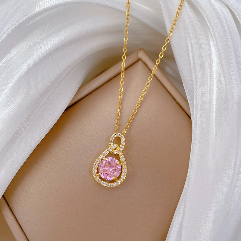 Collana con Pendente a Goccia d'Acqua Infinita Geometrica Minimalista Rosa da Donna in Acciaio al Titanio con Intarsio Completo di Strass