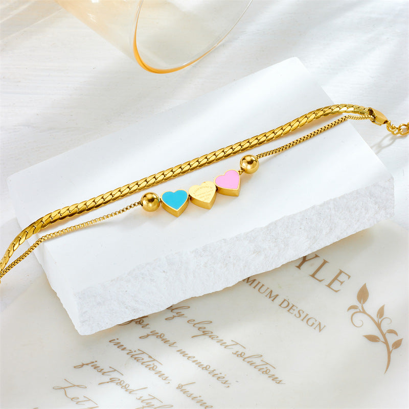 Fashionable Minimalist Heart-Shaped Titanium Steel Bracelet with Dual-Layer Chain Design and Enamel Coloring