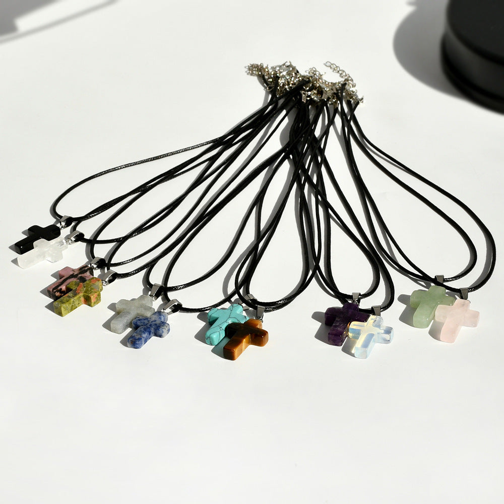 Minimalist Cross Crystal Agate Turquoise Pendant Necklace Unisex