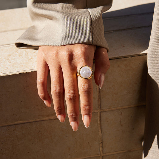 Anillo Minimalista Geométrico de Acero Inoxidable con Incrustaciones de Perlas para Mujer, Joyería de Moda Chapado en Oro al Vacío PVD