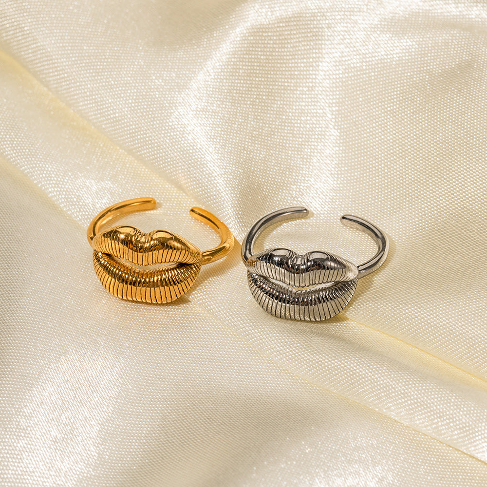 Fashion Ins Style Geometric Lip Pattern Plated 18K Gold Stainless Steel Open Ring for Women