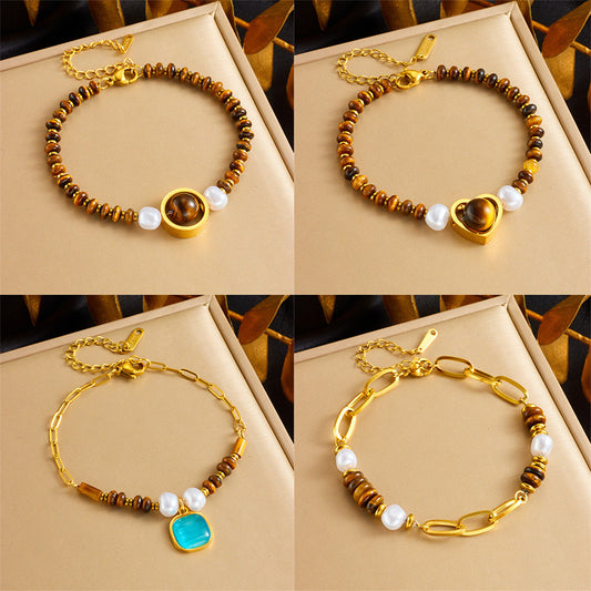 Vintage Oval Heart Gemstone Beaded Chain Bracelet