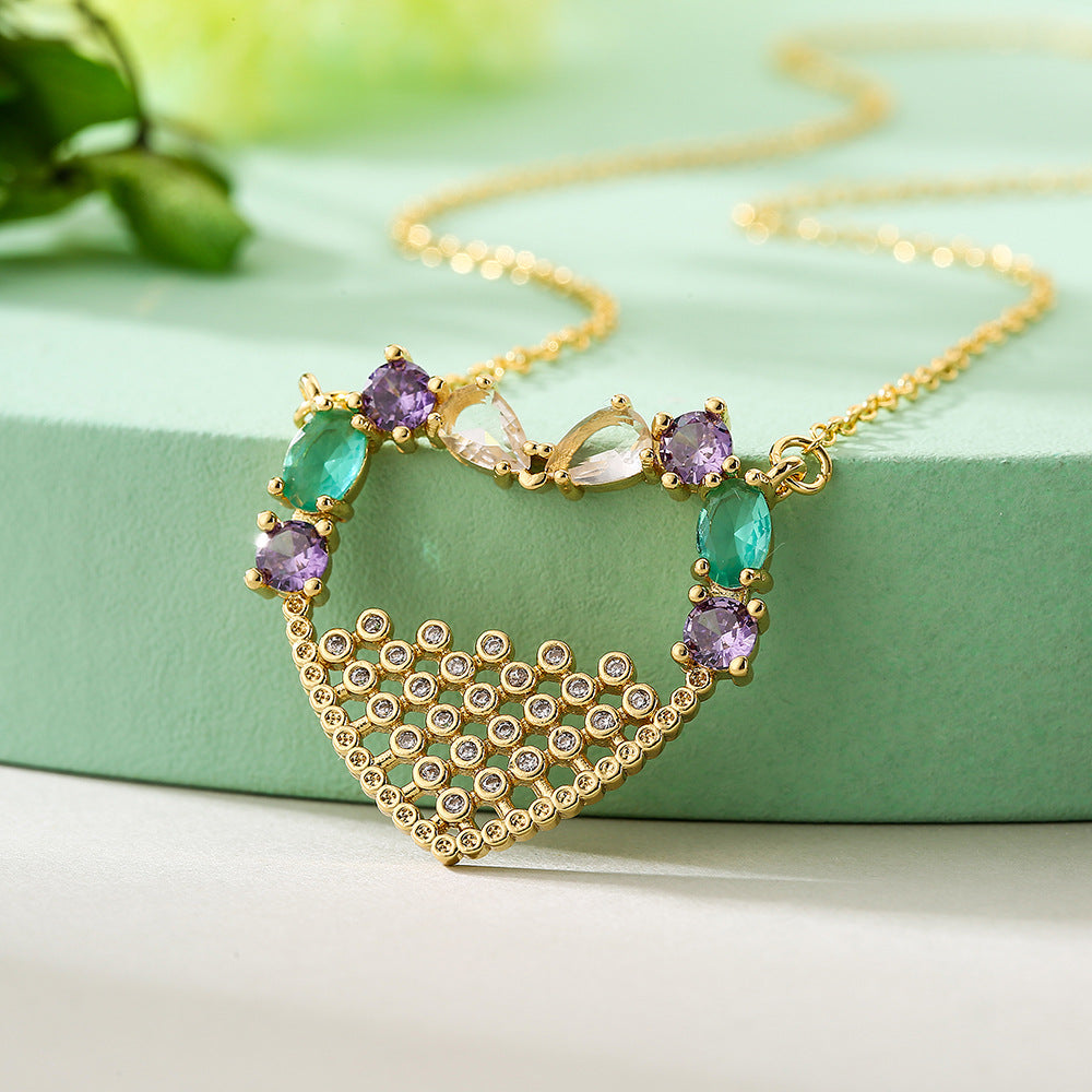 Minimalist Geometric Heart Pendant Necklace for Women in Brass with Gold Plating and Zircon Inlay