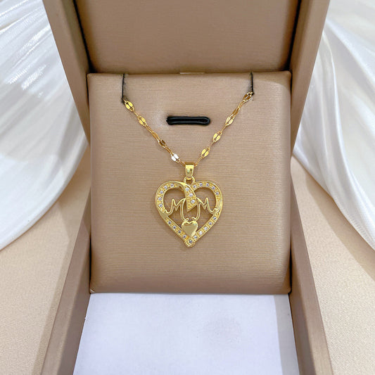 Minimalist Heart-Shaped Titanium Steel Necklace with Cubic Zirconia Accents for Women and Men, Delicate Clavicle Chain