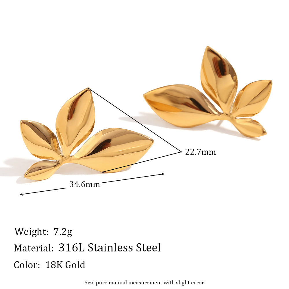 Minimalist Floral Leaf Stainless Steel Earrings for Women with 18K Gold Plating and Polished Finish