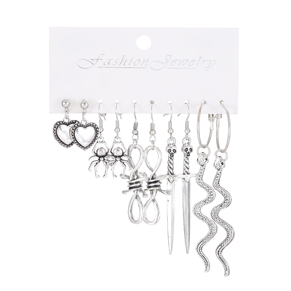 Juego de pendientes grandes con temática de Halloween, diseño geométrico de aleación bañada en plata con motivos de calaveras, calabazas y arañas para mujer