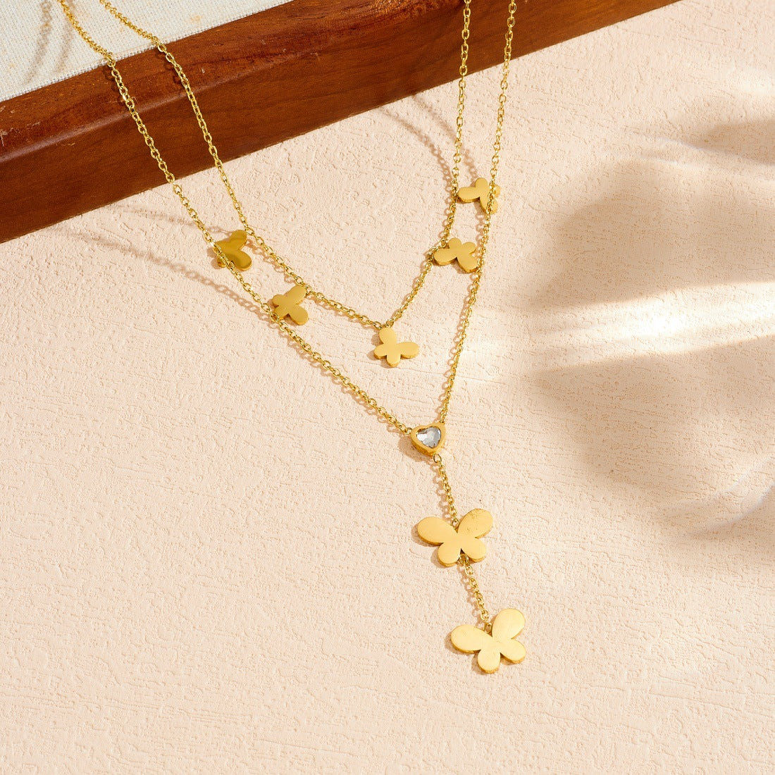Gold Plated Rhinestone Butterfly Stainless Steel Layered Necklace with Tassel