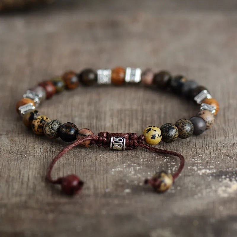 Ethnic Natural Agate Round Beaded Bracelet Unisex Handmade Adjustable Geometric Strand