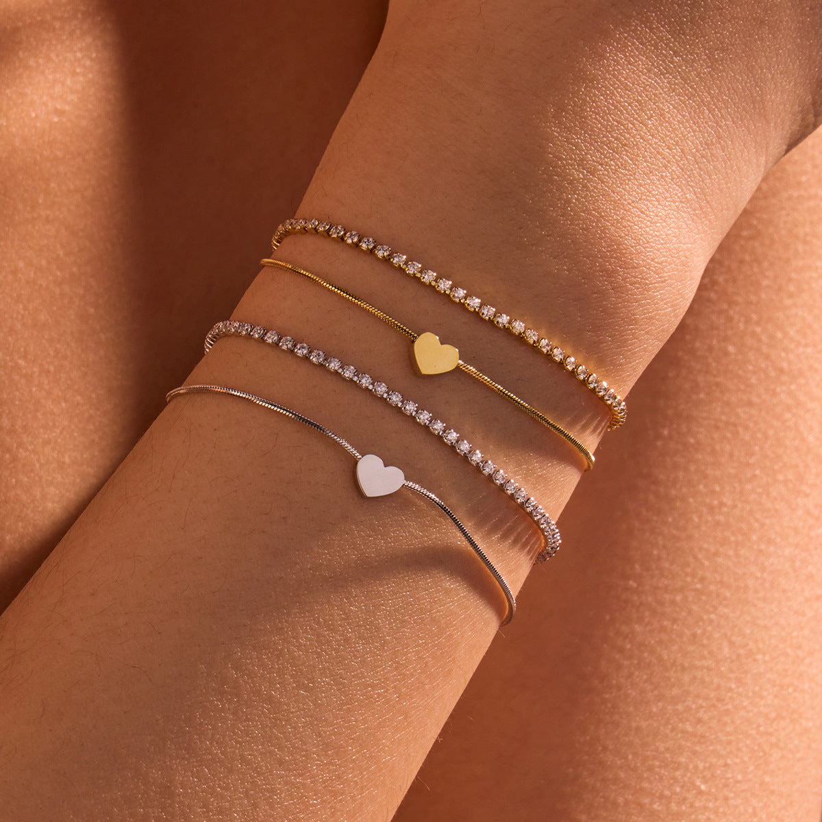 Minimalist Double-Layer Heart-Shaped Stainless Steel Bracelet with Zirconia Accents for Women and Men