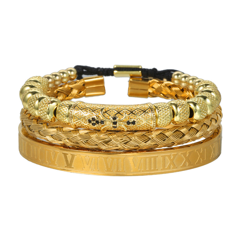 Vintage Geometric Letter Woven Stainless Steel Bracelet with Cubic Zirconia and Drip Oil
