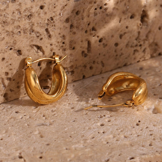 Orecchini a Cerchio Geometrici Minimalisti di Lusso in Acciaio Inossidabile Placcato Oro 18K con Texture a Pane