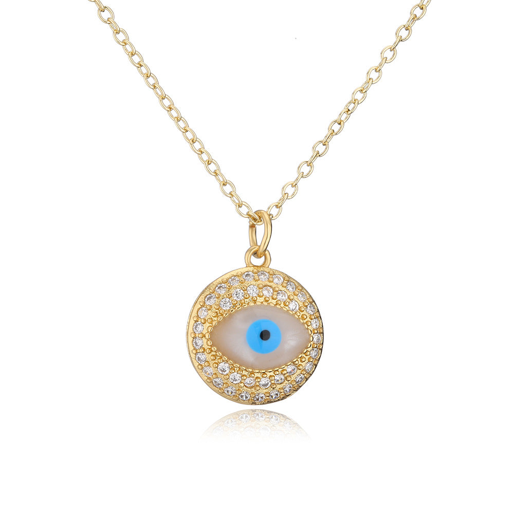 Minimalist Geometric Eye Pendant Necklace for Women with Copper Base and 18K Gold Plating, Enamel Finish and Zircon Inlay