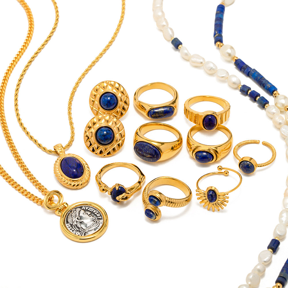 Vintage Palace-Style Titanium Steel Necklace with Geometric Pendant Featuring Lapis Lazuli Inlay and Plated Finish