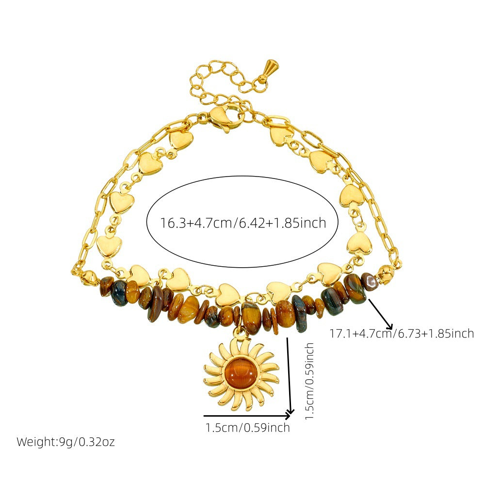 Vintage Heart Sun Stainless Steel Bracelet with Tiger Eye Beads and Double Layer Cable Chain