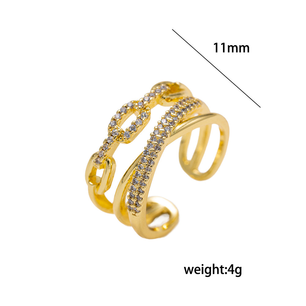 Anillo abierto ajustable chapado en oro de 18 quilates con incrustaciones de circonitas y diseño geométrico de lujo ligero clásico para mujer