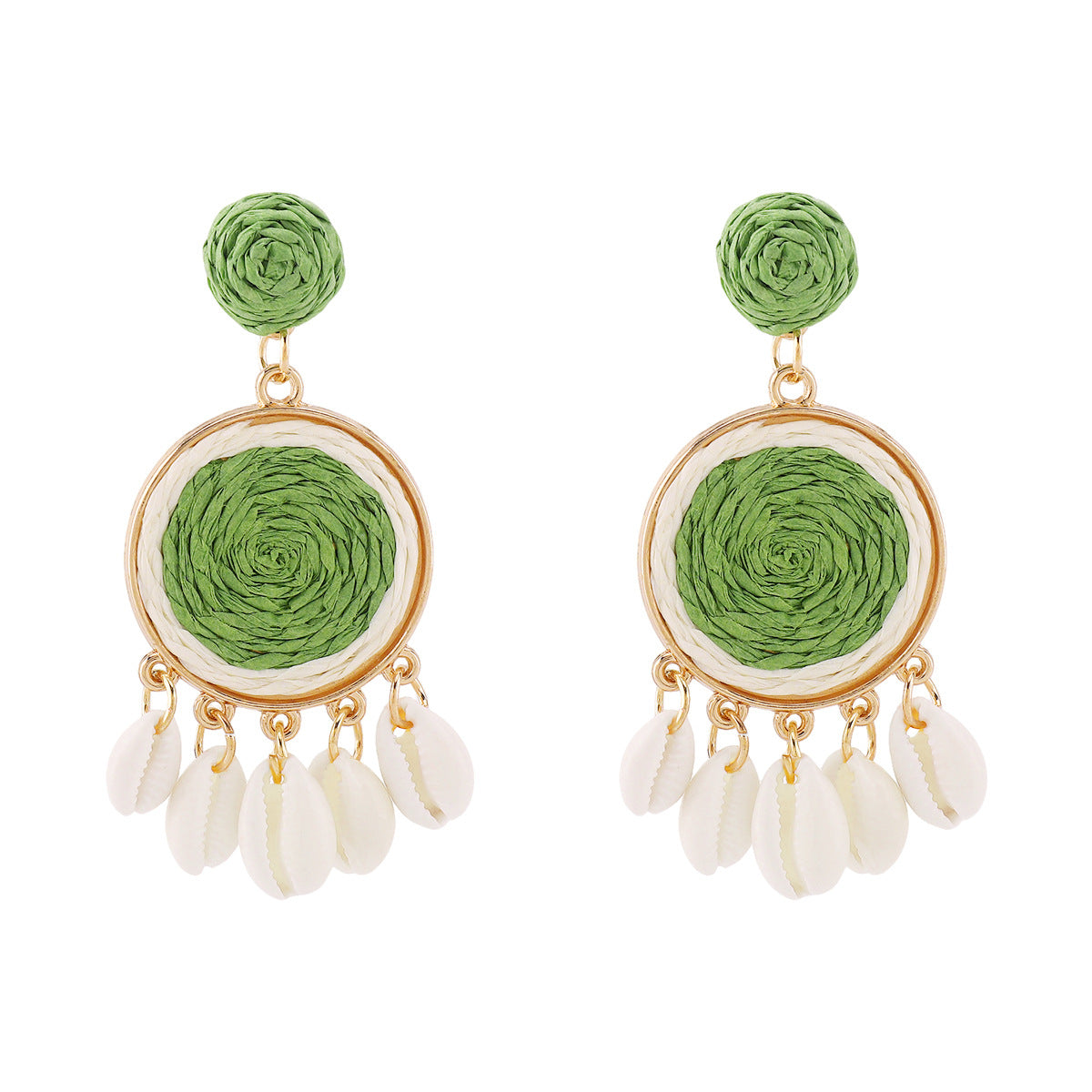 Pendientes de aleación con diseño geométrico y rafia de estilo dulce con detalles de conchas para mujer, joyería para vacaciones de verano
