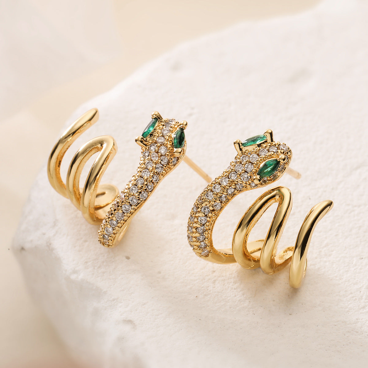 Minimalist Snake-Shaped Copper Earrings with 18K Gold Plating and Zircon Inlay for Women