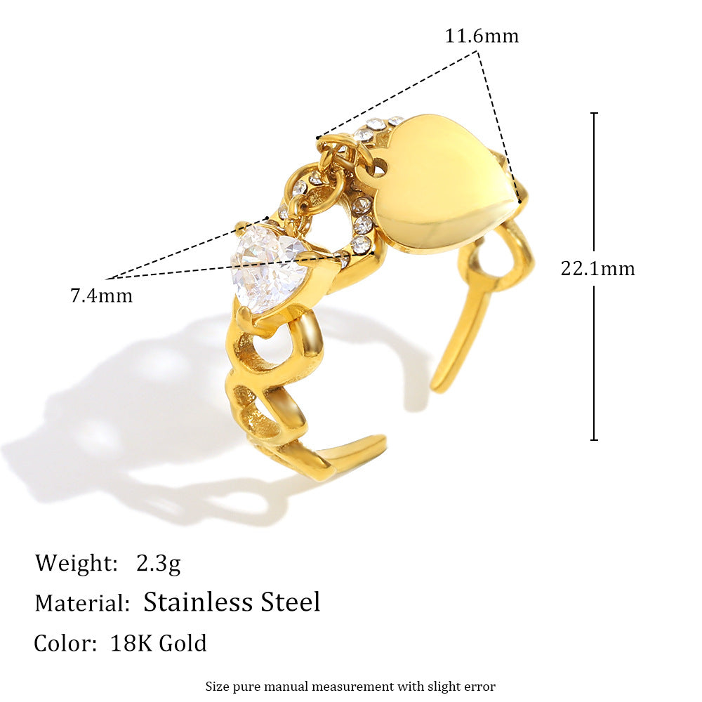 Anello Aperto da Donna alla Moda in Stile Vintage Geometrico in Acciaio Inossidabile Placcato Oro 18K con Nappa a Cuore