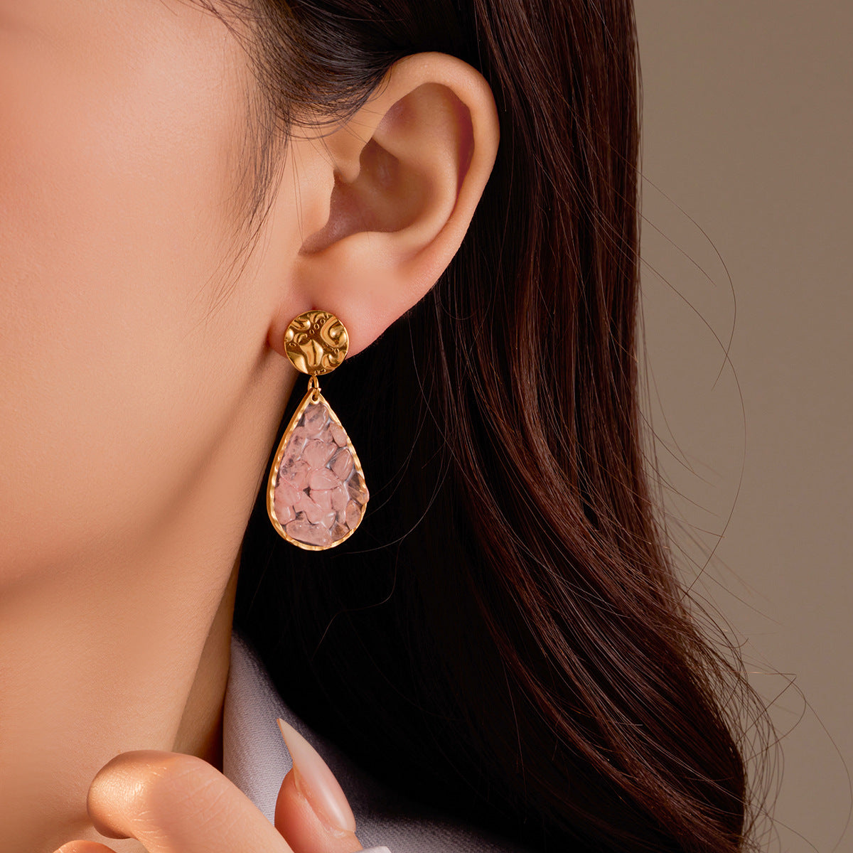 Vintage Minimalist Stainless Steel Waterdrop Pendant Earrings with Natural Stone Inlay for Women
