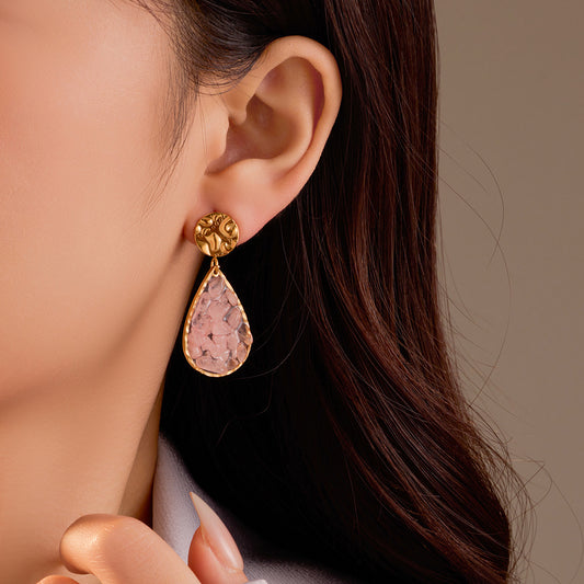 Vintage Minimalist Stainless Steel Waterdrop Pendant Earrings with Natural Stone Inlay for Women