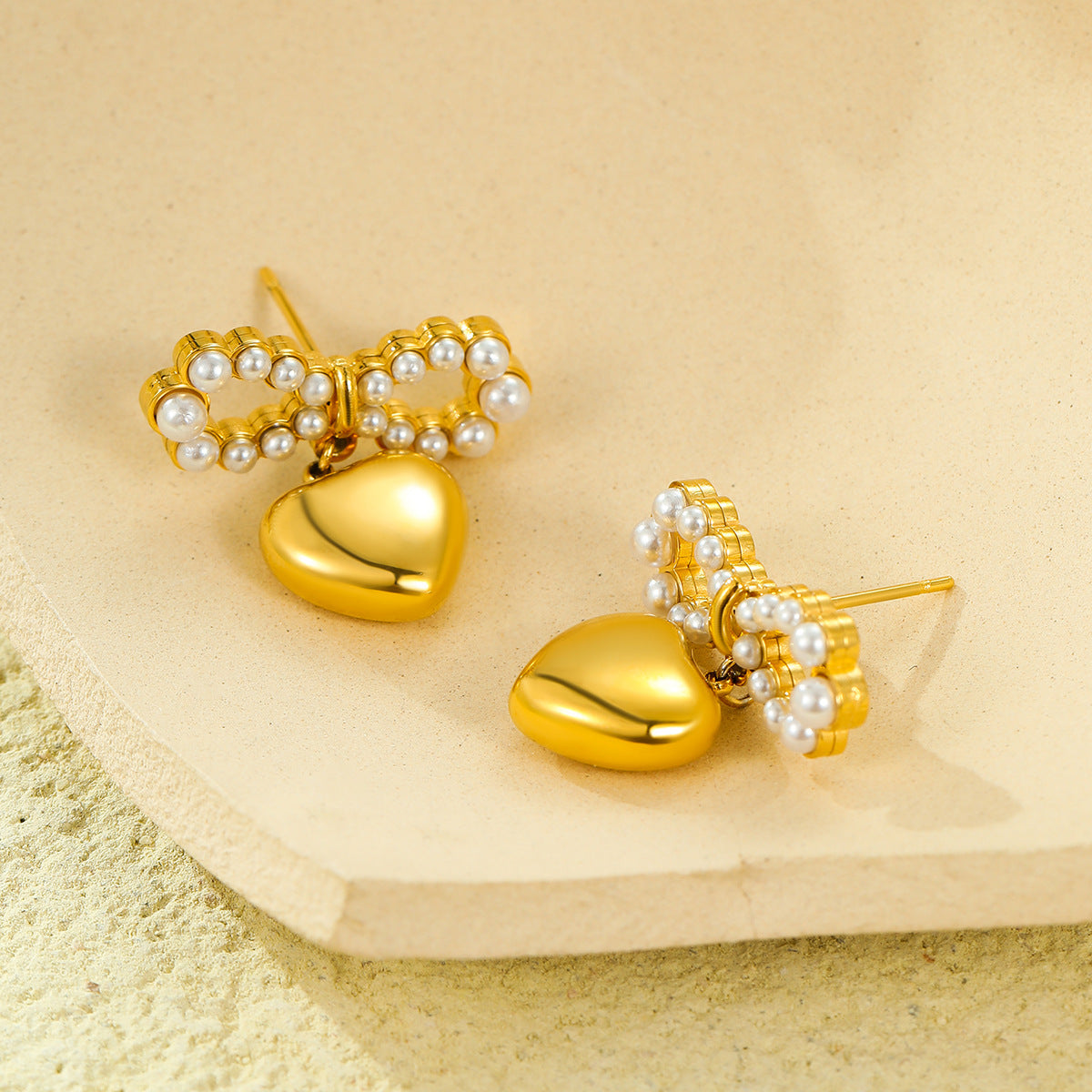 Elegant Bowknot Pearl Heart Pendant Stud Earrings in Stainless Steel with 18K Gold Plating