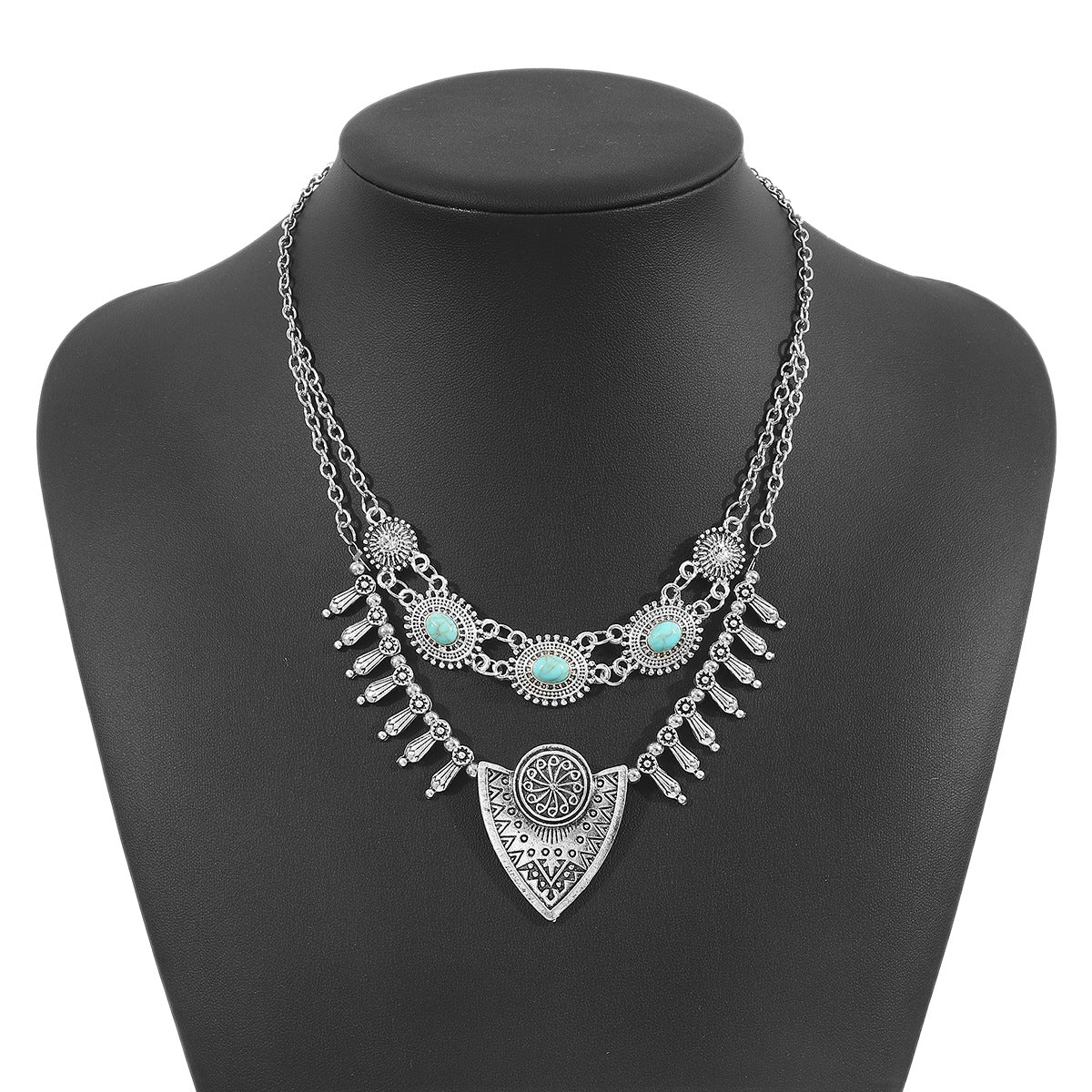 Collana Etnica Bohemien Vintage Turchese con Pendente Geometrico in Lega di Zinco Placcato per Donna