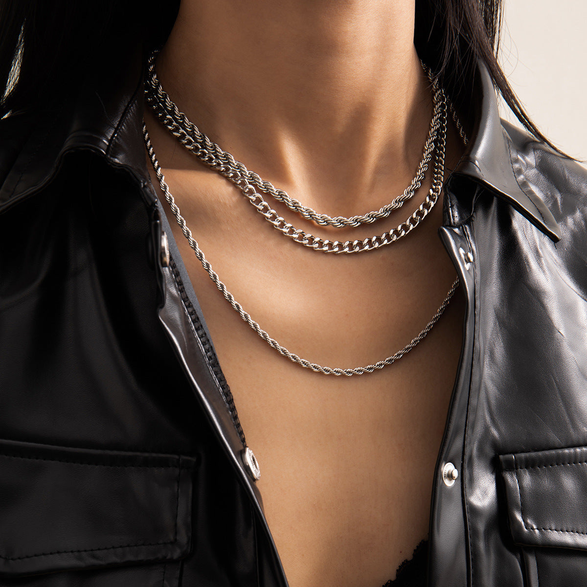 Hip-hop Punk Minimalist Geometric Round Alloy Plated Multi-layer Curb Chain Necklace for Women