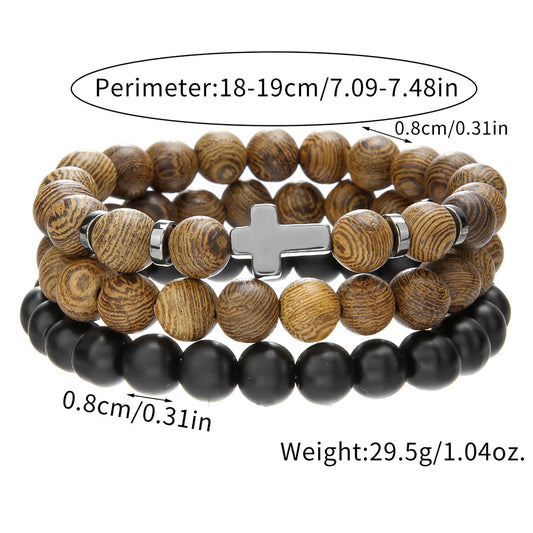 Matte Hematite Cross Wood Bead Stretch Bracelet