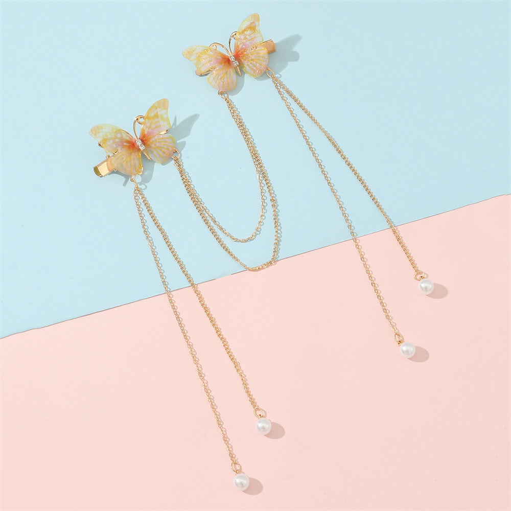 Ancient Chinese Style Butterfly Hairpin Set with Pearl Dangling Tassels for Girls, Metal Hair Clips with Delicate Flowing Fringe