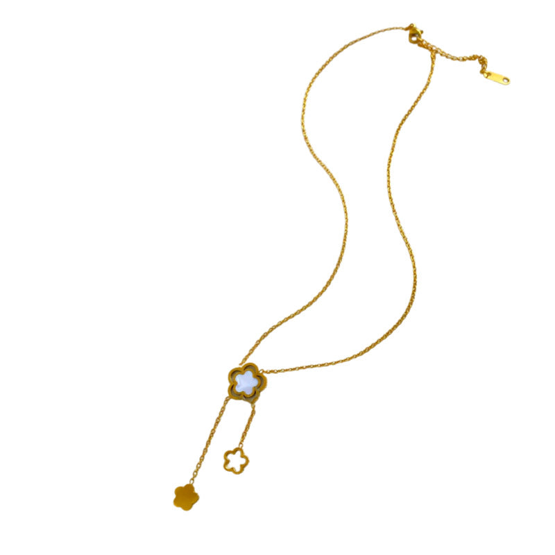 Minimalist Gold Plated Titanium Steel Floral Shell Inlay Tassel Necklace for Unisex