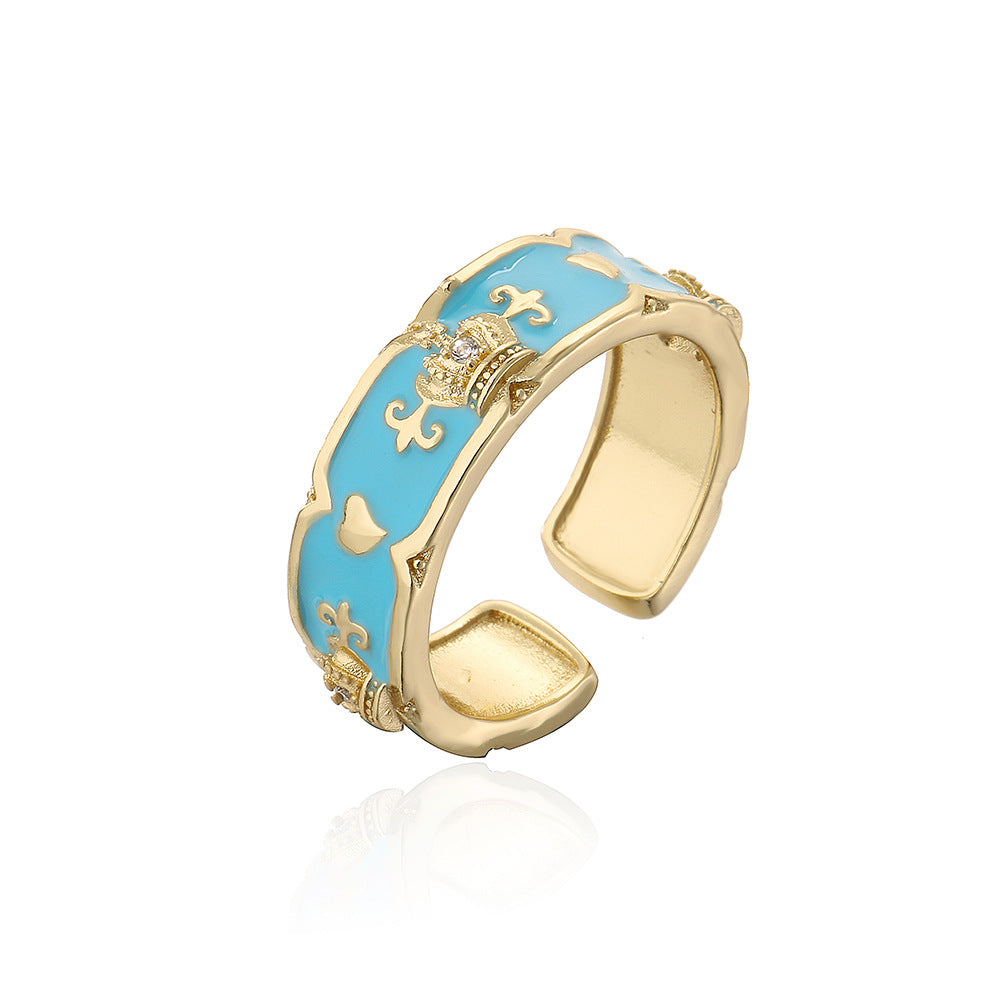 Minimalist Geometric Copper Ring with 18K Gold Plating, Enamel Crown Design and Zircon Inlay for Women