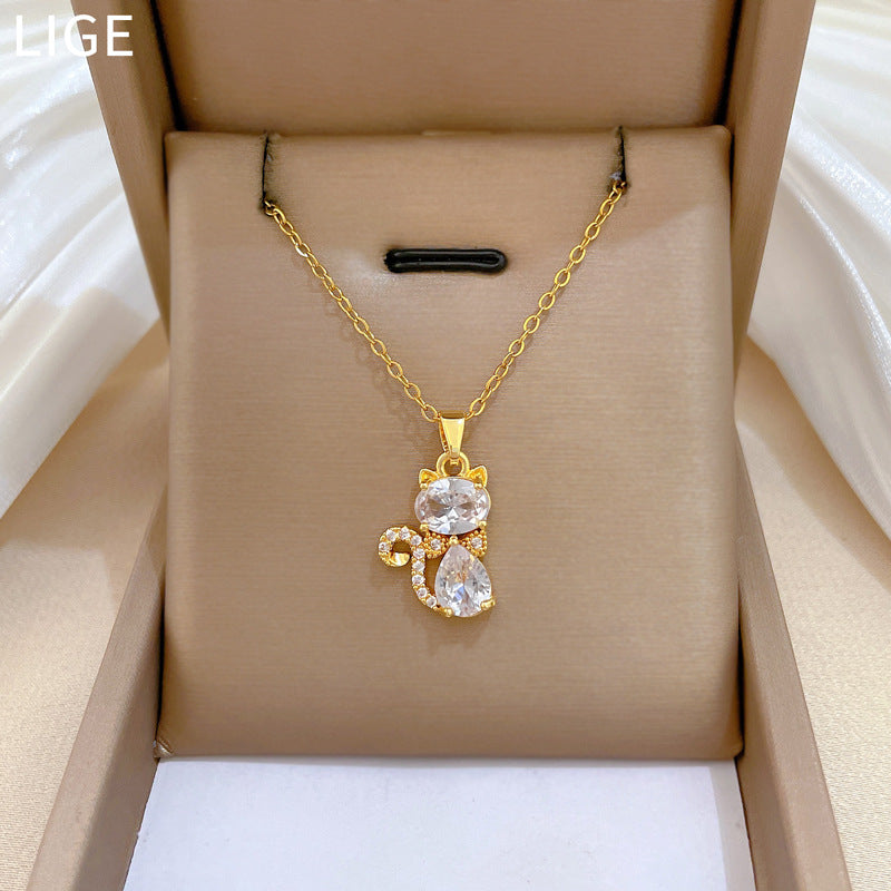Sweet Luxury Cat Shape Cubic Zirconia Inlay Titanium Steel Necklace for Unisex