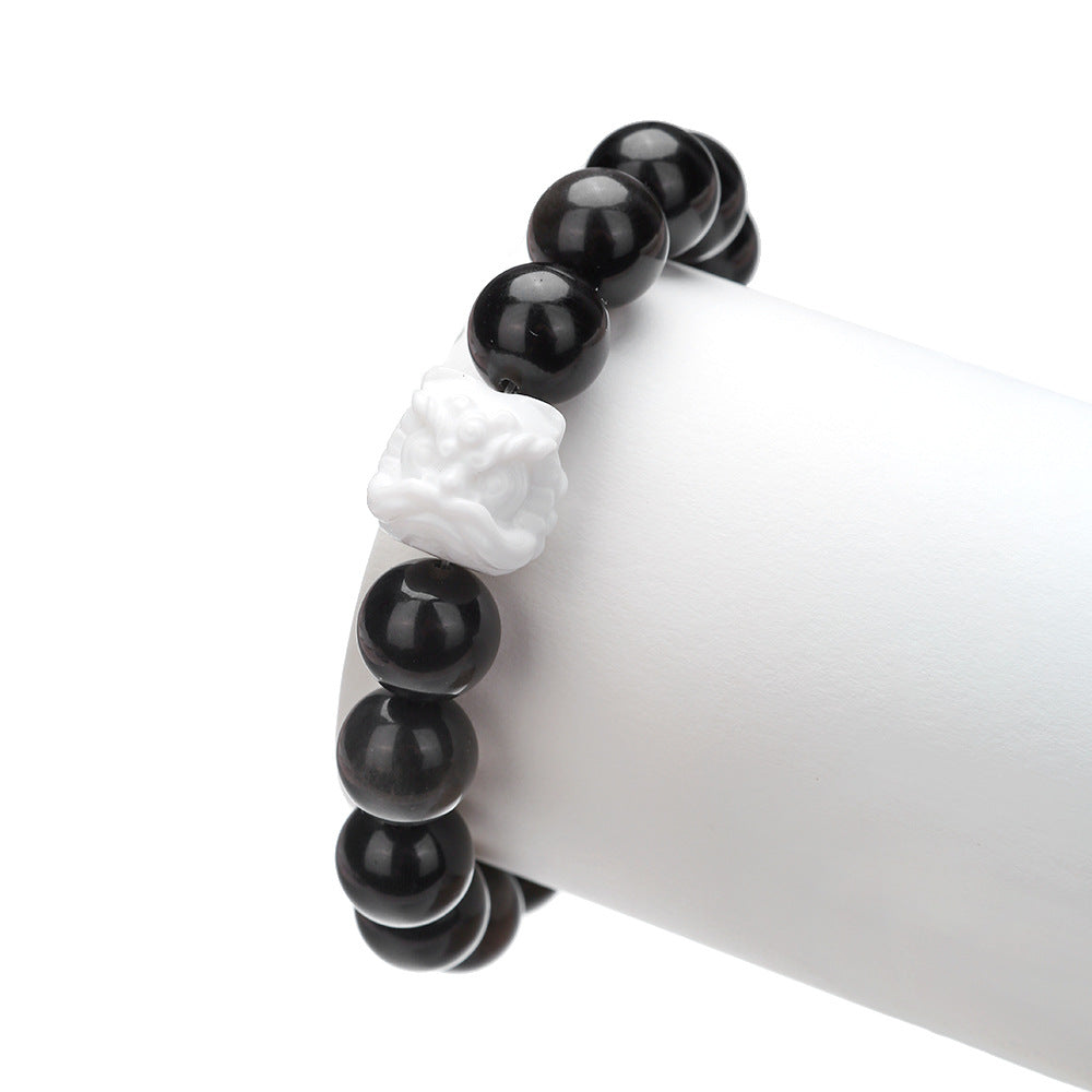 Braccialetto geometrico in ossidiana nera per donna e uomo, gioielli fatti a mano con perline elastiche per San Valentino e il Festival Qixi