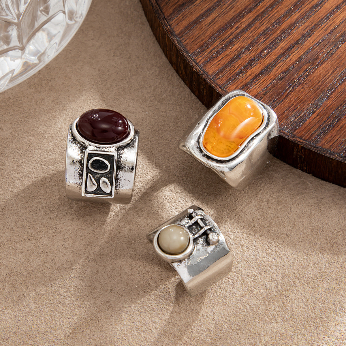 Vintage Geometric Oval Zinc Alloy Plated Gemstone Resin Inlay Open Ring for Women