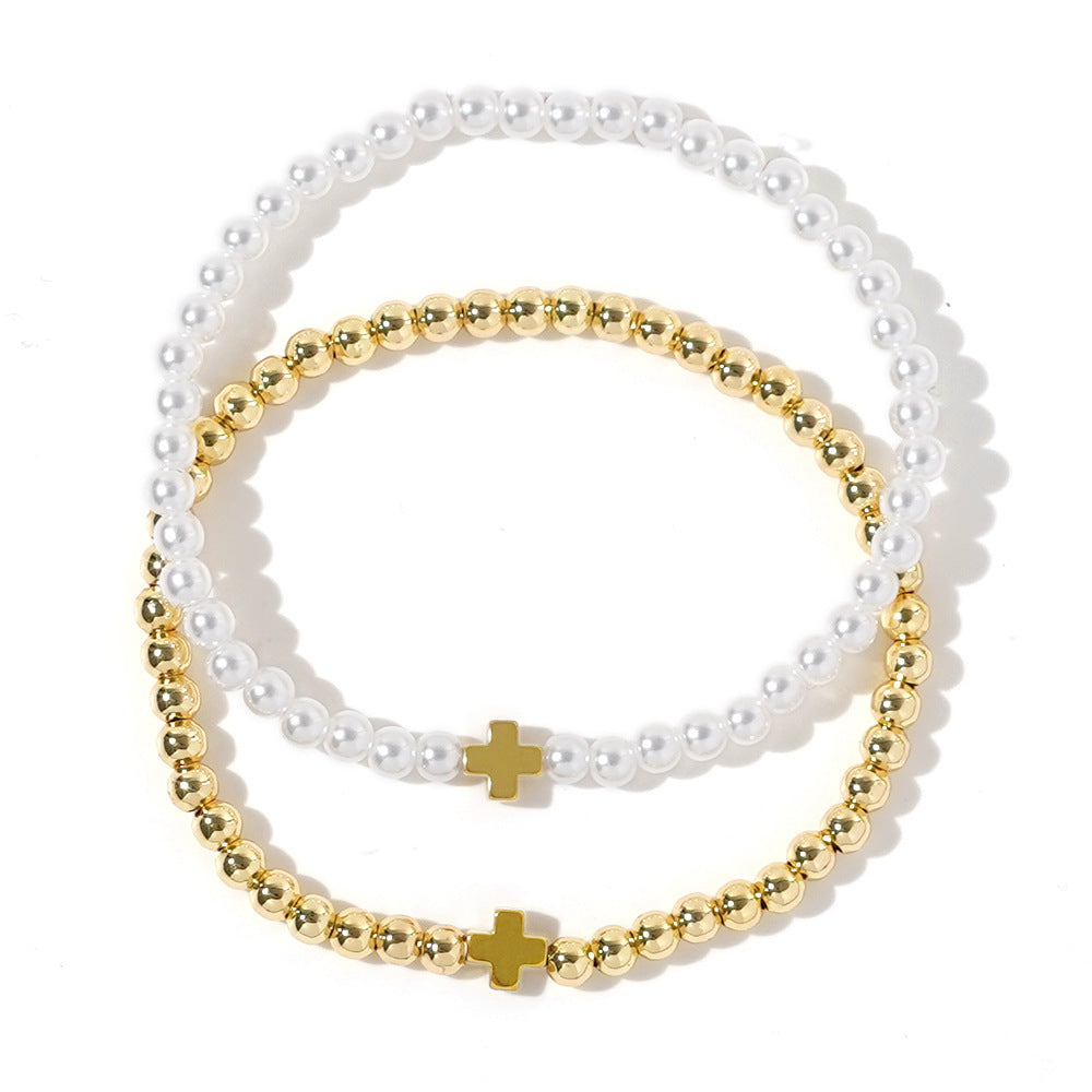 Luxury Elegant Geometric Cross Imitation Pearl Brass Bracelet Set for Women
