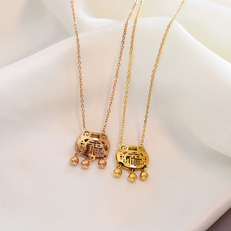 Geometric Longevity Lock Pendant Necklace for Women in Titanium Steel with 18K Rose Gold Plating