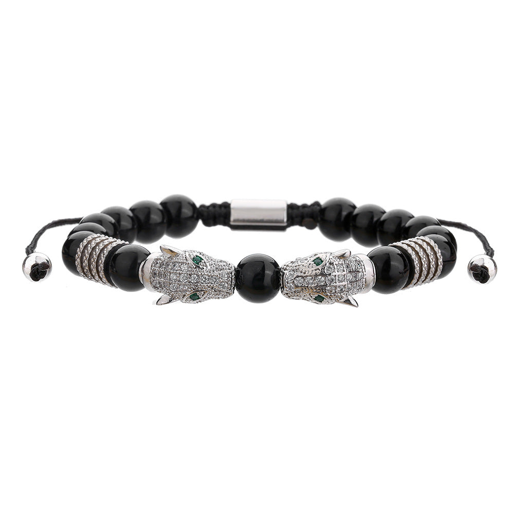Hip-hop Micro-inlaid Cubic Zirconia Leopard Head Adjustable Stainless Steel Bracelet with Black Agate